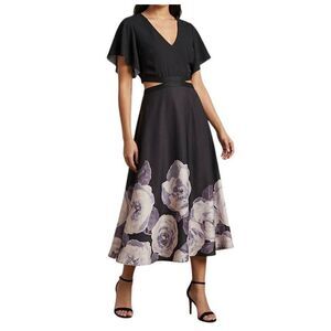 Rachel Roy Black & White Floral Open Waist flutter Midi Party formal Dress 12